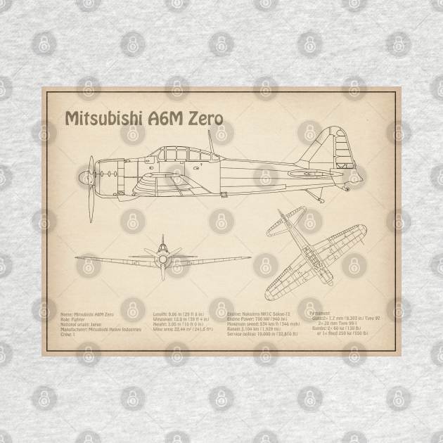 Mitsubishi A6M Zero Airplane Blueprint - SD by SPJE Illustration Photography